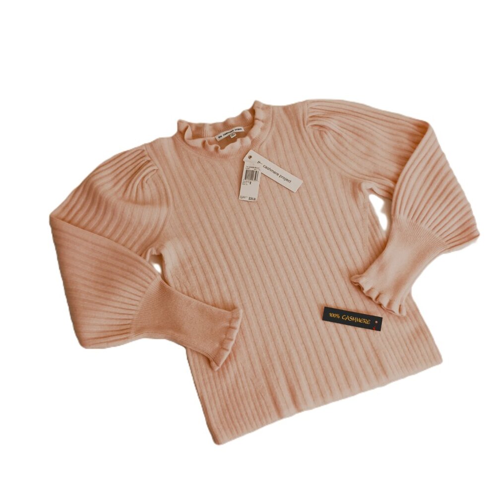 The Cashmere Project Sweater Pink Ribbed Crewneck Ruffle Trim Women's Size M NWT